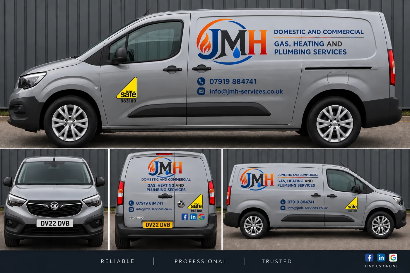 JMH Services branded van design showing front, side and rear